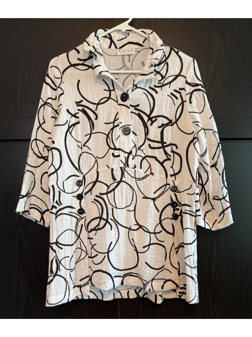 Habitat Womens Black White Crinkle Artsy Collared Blouse XS 3/4 Sleeve Lagenlook